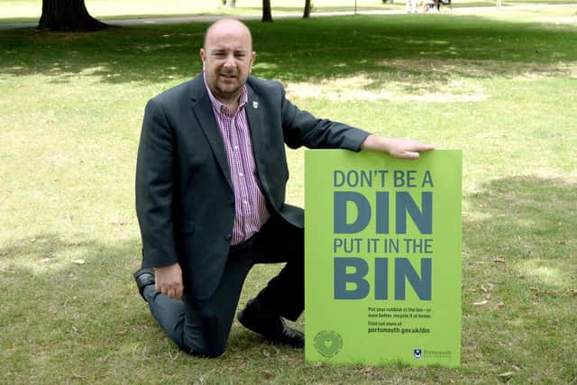 Portsmouth City Council is telling residents 'don't be a din, put it in the bin' after rubbish in the city's parks and open spaces doubled. Pictured is: Deputy council leader Cllr Steve Pitt.