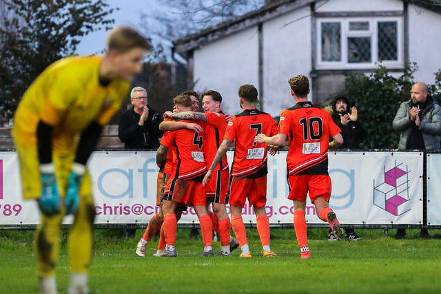 AFC Portchester celebrate a goal at Pagham. Picture by Nathan Lipsham