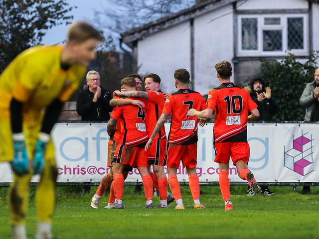 AFC Portchester celebrate a goal at Pagham. Picture by Nathan Lipsham