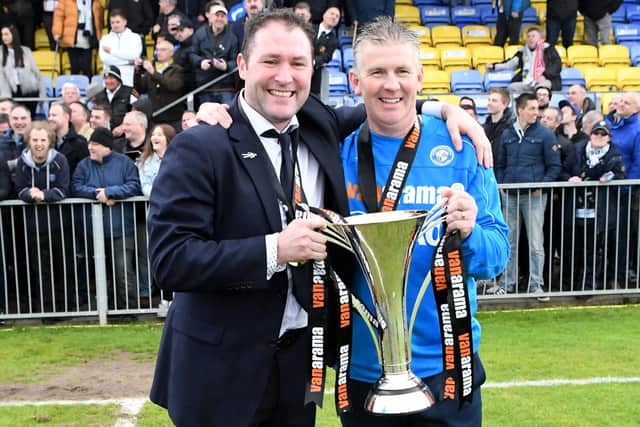 Good times - Shaun Gale, right, with Lee Bradbury after Hawks had won the National League South title in 2018. Picture: Neil Marshall