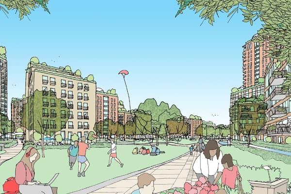 An artist's impression of the proposed City Centre North public park in Portsmouth