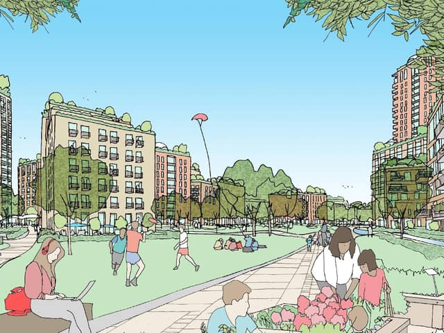 An artist's impression of the proposed City Centre North public park in Portsmouth