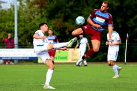 Brendan Willson, left, in action for Gosport during the 0-0 FA Cup stalemate at Hamworthy. Picture by Tom Phillips