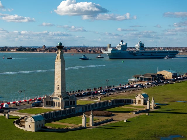 HMS Prince of Wales sailing out of Portsmouth as she heads for a huge Nato deployment in the North Sea. Picture: Michael Woods - Solent Sky Services.
