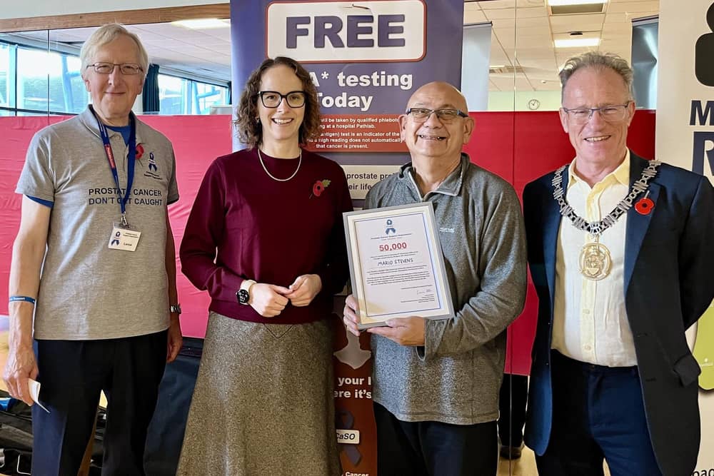 MILESTONE: Mario Stevens, third from left, is the recipient of the 50,000 PSA test in free screenings held across Hampshire, Sussex and Dorset over the past 14 years by the Prostate Cancer Support Organisation (PCaSO). The figure was reached with the latest prostate health screening programme run by charity volunteers in Burgess Hill, West Sussex. From left, Lance Allen, PCaSO Group Secretary, Mid Sussex MP Alison Bennett (Lib Dem), Mario, from Uckfield, and Burgess Hill Mayor Stuart Condie