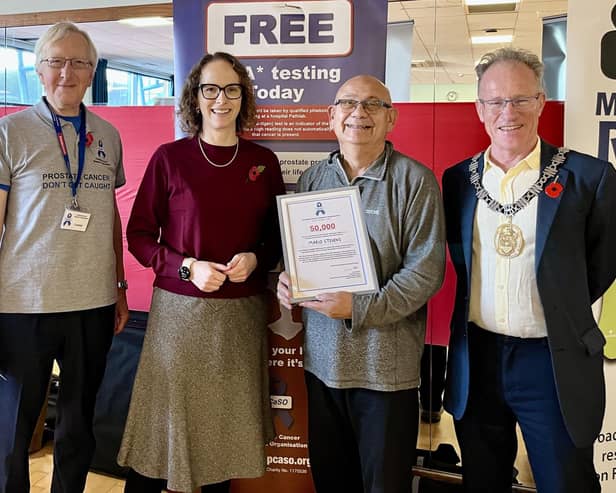 MILESTONE: Mario Stevens, third from left, is the recipient of the 50,000 PSA test in free screenings held across Hampshire, Sussex and Dorset over the past 14 years by the Prostate Cancer Support Organisation (PCaSO). The figure was reached with the latest prostate health screening programme run by charity volunteers in Burgess Hill, West Sussex. From left, Lance Allen, PCaSO Group Secretary, Mid Sussex MP Alison Bennett (Lib Dem), Mario, from Uckfield, and Burgess Hill Mayor Stuart Condie