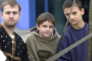 Cinema goers off to watch the new Lord of the Rings movie in December 2002. Dressed in medieval costume.