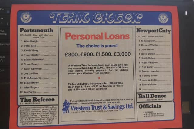 The back page of the Pompey v Newport County FA Cup first round programme in November 1979.
