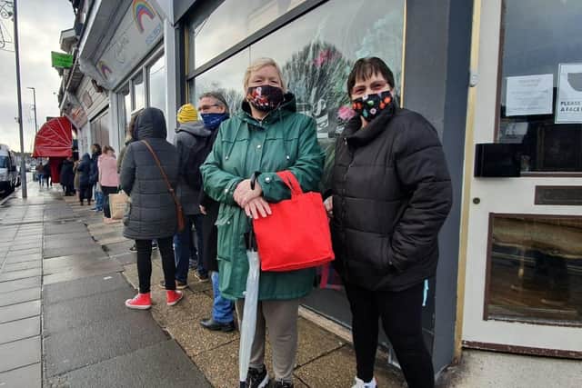 Left Sharon Graham, 59, and right Lorraine Graham 61, waiting in the queue. Picture: Habibur Rahman