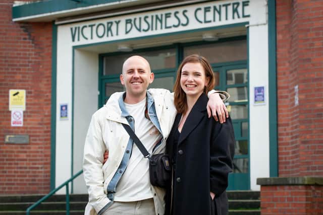 Nathan Beattie and Molly Penney outside their radio studio in Victory Business Centre. Picture: Habibur Rahman