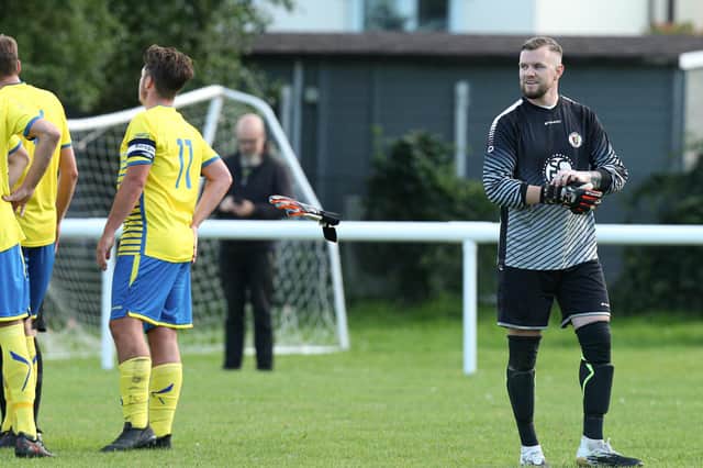 Locks Heath goalkeeper Owen Craig heads off after being shown a straight card against Fleetlands. Picture: Chris Moorhouse (jpns 030821-17)