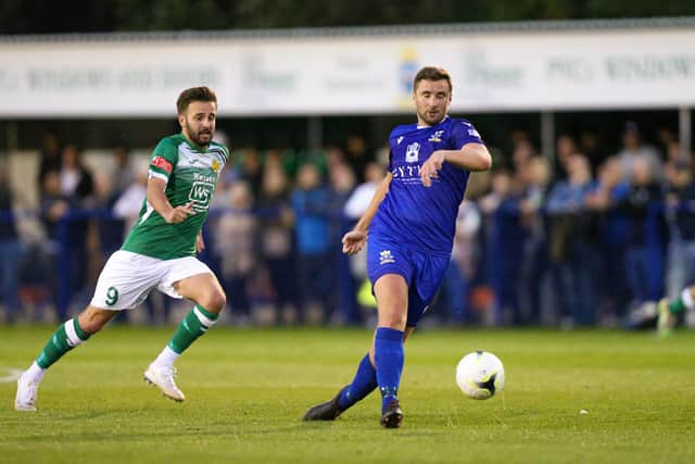 Baffins Milton Rovers defender Ed Sanders plays a pass in Wednesday's derby win over Moneyfields. Picture: Chris Moorhouse (jpns 180821-16)