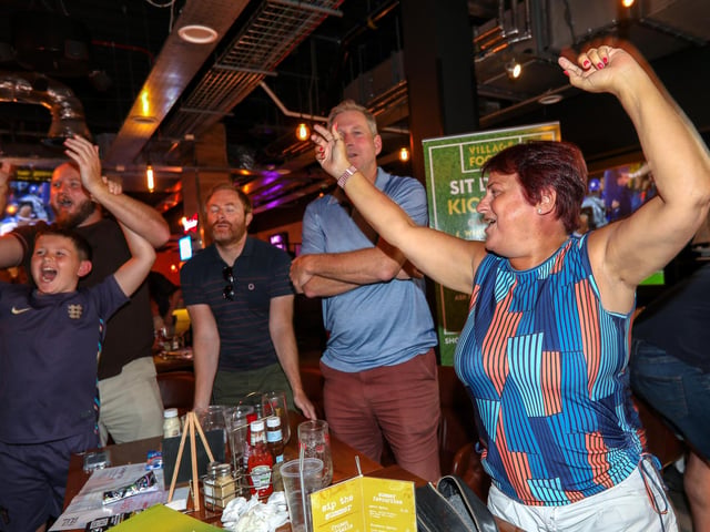 Celebrations at full-time. Fans watch Netherlands v England, UEFA Euros 2024 semi-final played in Dortmund, at Village Hotel, Lakeshore Drive, Cosham
Picture: Chris Moorhouse (100724-103)