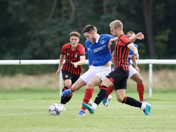 Pompey newcomer George Hirst gets off a shot during his first-half outing against Bournemouth under-21s on Tuesday. Picture: Colin Farmery