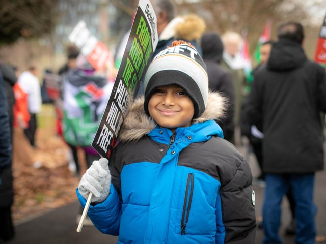 Pictured: Rayan Rahman, aged 8, at the protest.
Picture: Habibur Rahmans