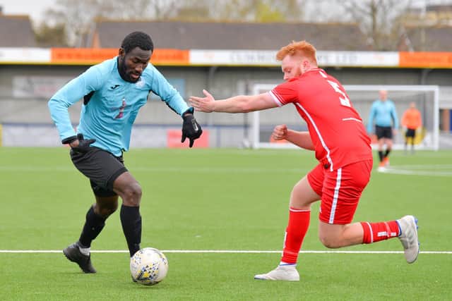 Burrfields midfielder Jesse Parkis on the attack against Stubbington. Picture: Martyn White.