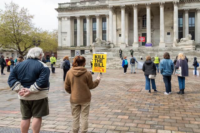 Protestors attend the Kill The Bill demo in the Guildhall Square, Portsmouth