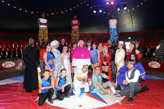 Zippos Circus has returned to Southsea Common from Tuesday, August 4 to Sunday, August 9 2020, during the Covid-19 pandemic.
Pictured is: (middle) Bishop Philip Egan from Portsmouth with the cast of Zippos Circus.
Picture: Sarah Standing (030820-1718)