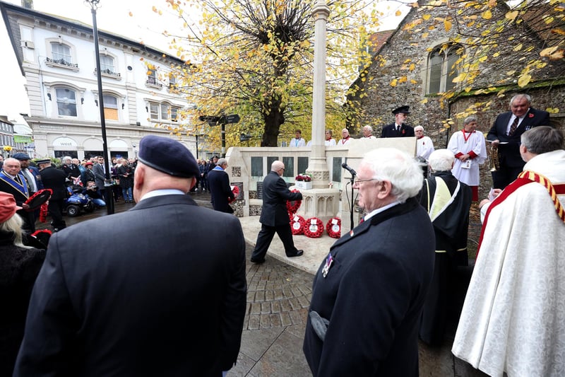 Havant Remembrance Sunday Service.Pictured is action from the event.The parade is taking place at St Faiths War Memorial with Deputy Lieutenant Major General James Balfour CBE DL in attendance, along with the Mayor of Havant, Alan Mak MP and the Leader of Havant Borough Council, Councillor Alex Rennie.At 10.35 am the Parade leaves Royal British Legion Ex-servicemenâ€™s club, Brockhampton Lane, into Park Road South along Elm Lane before turning into North Street. Bagpiper Denton Smith will be accompanied by drums courtesy of Hampshire Caledonian Pipe Band. Then at 10.50 am the parade assembles at War memorial outside St Faiths Church ahead of an Act of Remembrance at the War Memorial outside St Faiths Church at 10.52am, followed by a two-minuteâ€™s silence at 11am. A Remembrance Service will then take place inside St Faiths Church.Sunday 12th November 2023.Picture: Sam Stephenson.