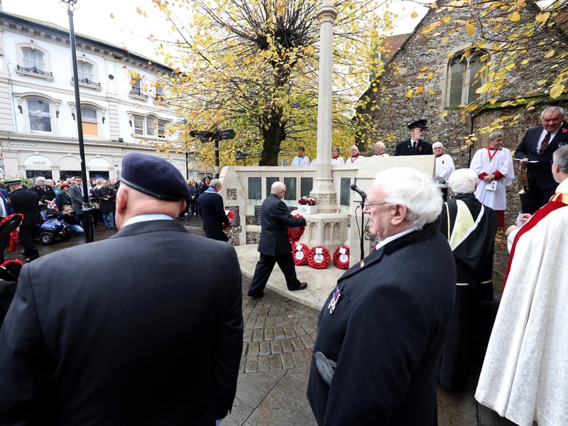 Havant Remembrance Sunday Service.Pictured is action from the event.The parade is taking place at St Faiths War Memorial with Deputy Lieutenant Major General James Balfour CBE DL in attendance, along with the Mayor of Havant, Alan Mak MP and the Leader of Havant Borough Council, Councillor Alex Rennie.At 10.35 am the Parade leaves Royal British Legion Ex-servicemenâ€™s club, Brockhampton Lane, into Park Road South along Elm Lane before turning into North Street. Bagpiper Denton Smith will be accompanied by drums courtesy of Hampshire Caledonian Pipe Band. Then at 10.50 am the parade assembles at War memorial outside St Faiths Church ahead of an Act of Remembrance at the War Memorial outside St Faiths Church at 10.52am, followed by a two-minuteâ€™s silence at 11am. A Remembrance Service will then take place inside St Faiths Church.Sunday 12th November 2023.Picture: Sam Stephenson.