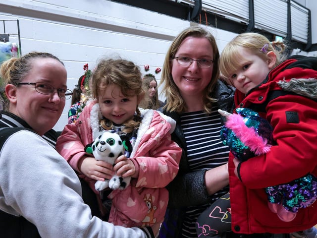 From left: Tara Buse with Emily, 3, and Kathy Allan with Pippa, 3, at the Christmas Fayre at Horndean Technology College Picture: Chris  Moorhouse (161124-51)