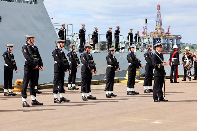 HMS Spey Commissioning Invergordon.
Image shows the ships guard stood at ease during the commissioning service.