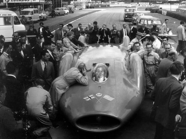 20th July 1960:  Donald Campbell (1921- 1967) in the cockpit of 'Bluebird CN7' after tests at Goodwood Motor Track. Campbell hopes to break the World land speed record with the car at Bonnevile Salt Flats in Utah, America.  (Photo by Evening Standard/Getty Images)