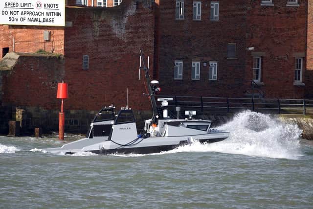 Frst glance of the Royal Navys new Autonomuos Boat Apollo unmanned mine operation unit at Southsea. Picture: Mark Cox