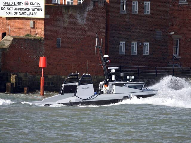 Frst glance of the Royal Navys new Autonomuos Boat Apollo unmanned mine operation unit at Southsea. Picture: Mark Cox