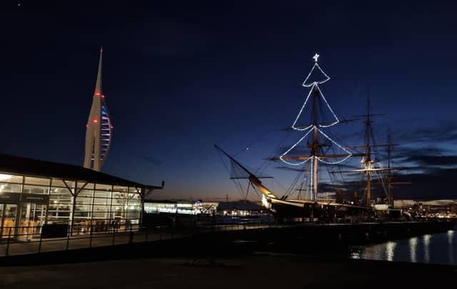 The beautiful Christmas lights of HMS Warrior