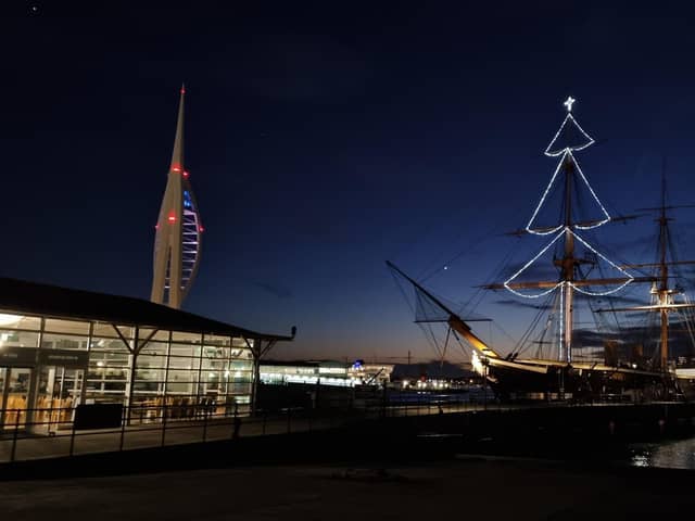 The beautiful Christmas lights of HMS Warrior