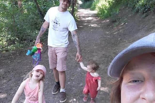 Alex Britton pictured with her fiance Aaron Law and their daughters Ava, 18 months, and Payton, three. Mum-of-two Alex, 28, died in a horrific crash on August 25 near Andover while on her way to work.