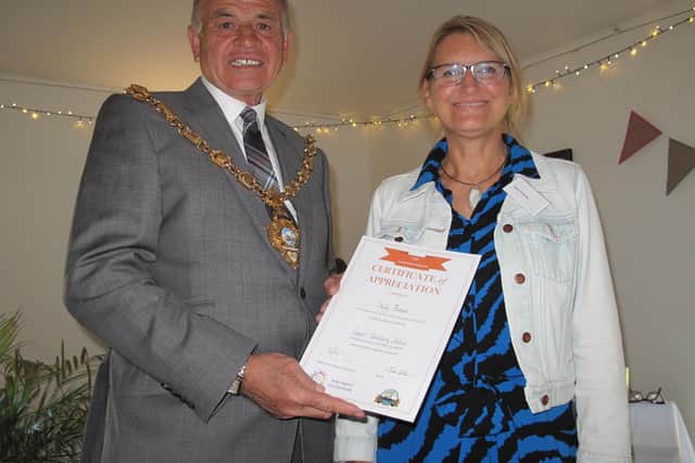 Sally Thomas, Gosport Voluntary Action Befriender and C-19 Crisis Response Volunteer, with The Worshipful Mayor of Gosport, Cllr. Jamie Hutchison.