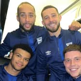 Conor Chaplin joins former Pompey players George Hirst, Dane Scarlett and Marcus Harness to enjoy their win on the way home from Southampton