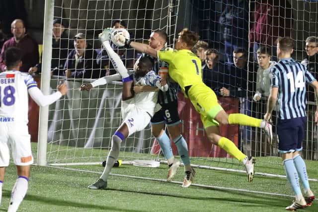 Mo Faal scores Hawks' first leveller against Bath. Picture by Dave Haines.
Havant & Waterlooville v Bath City
26th October 2022 7:45pm ko
Draper Tools Community Stadium PO9 5TH
(Photo credit should read Picture/s by Dave Haines)