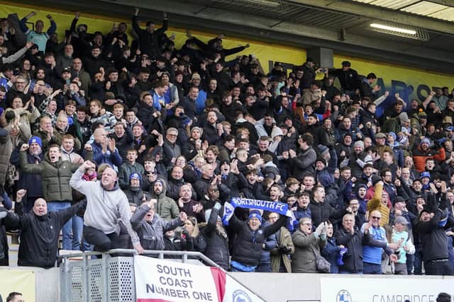 The 1,466 travelling fans provided a constant rendition of their Tom Lowery song upon his comeback at Cambridge United. Picture: Jason Brown/ProSportsImages