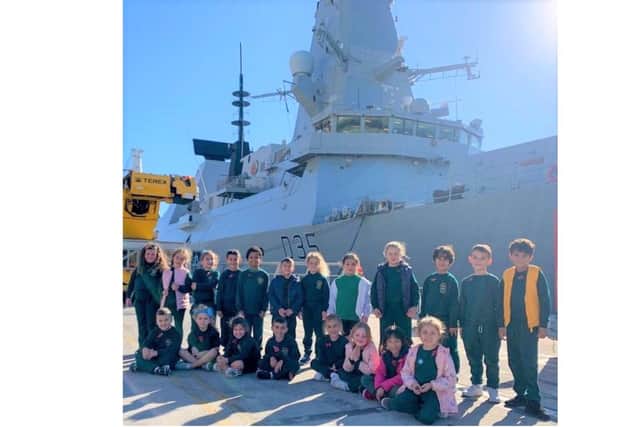 Children in Gibraltar pictured visiting the Portsmouth-based destroyer HMS Dragon. Photo: MoD Gibraltar/Twitter