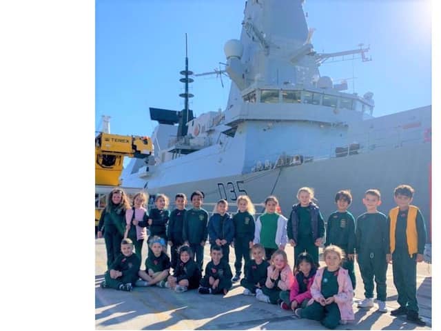 Children in Gibraltar pictured visiting the Portsmouth-based destroyer HMS Dragon. Photo: MoD Gibraltar/Twitter