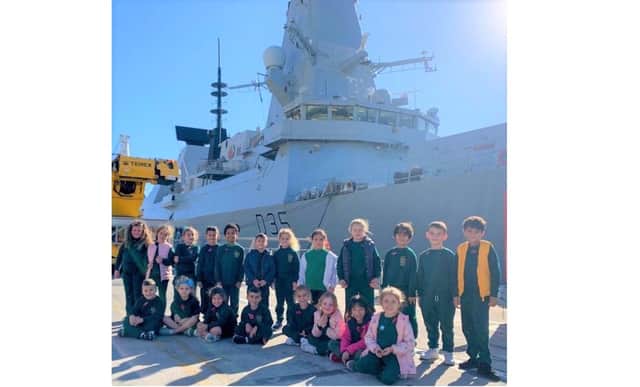 Children in Gibraltar pictured visiting the Portsmouth-based destroyer HMS Dragon. Photo: MoD Gibraltar/Twitter