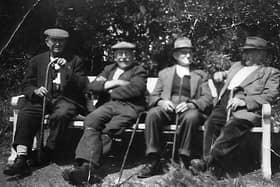 Last of the summer wine bench. From left:  Mr Carter, Mr Jerome, William Cooper and Mr Budd (Buddy). Mr Cooper and Mr Budd lived in Newtown. Picture: Courtesy of 
Joan Brameld (nee Savage). Her grandfather was Mr Cooper.