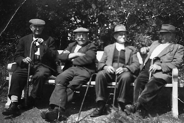 Last of the summer wine bench. From left: Mr Carter, Mr Jerome, William Cooper and Mr Budd (Buddy). Mr Cooper and Mr Budd lived in Newtown. Picture: Courtesy of
Joan Brameld (nee Savage). Her grandfather was Mr Cooper.