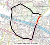 A map showing the closure on Whiteley Way northbound between junction 9 of the M27 and Parkway South Roundabout 