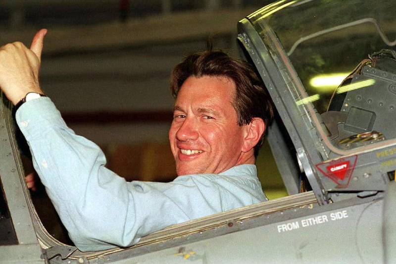 22nd July 1995. Defence Secretary Michael Portillo, at the controls of a Sea Harrier FA2 of 801 Naval Air Squadron inside the hangar deck of HMS Illustrious, off the Dalmation coast in the Adriatic Sea. Photo by Chris Fletcher/MPA LAND COMMAND/PA.