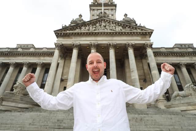 New Paulsgrove FC chairman George Madgwick celebrating on the Guildhall steps after being elected as a Paulsgrove ward councillor in May's Portsmouth City Council elections. Picture: Stuart Martin