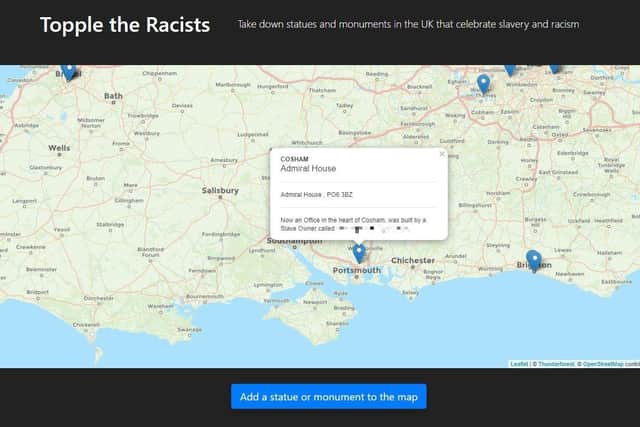 A screenshot showing Admiral House in Cosham on the Topple the Racists website with the caption: 'Admiral House... Now an office in the heart of Cosham, was built by a slave owner.' Picture: toppletheracists.org