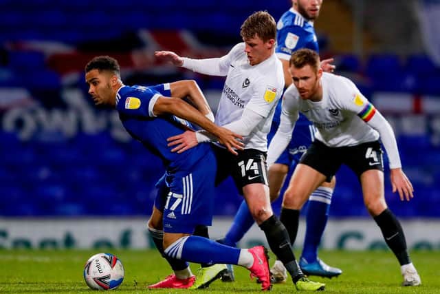 Pompey's Andy Cannon in action at Ipswich. Picture: Simon Davies