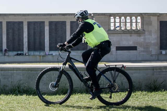 Police presence at Portsmouth Naval Memorial in March 2020. Picture: Habibur Rahman