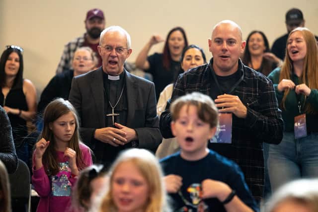 Archbishop Justin Welby sings during ‘The Four’ alongside the team vicar the Rev Ray Driscoll at Christ Church, Gosport, on October 15, 2023. Picture by Neil Turner for Lambeth Palace