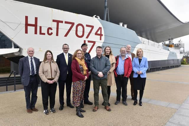 Pictured is: (l-r) Viscount Henry Montgomery, Rachel Donelly from Imperial War Museums, Marc Hanson from D Day Story Trust, cllr. Suzy Horton, deputy leader of Portsmouth City Council, cdre John Voyce, Iain Duncan from RAF Museum, Melanie Marsh from National Army Museum, Andy Renwick from RAF Museum, Matthew Sheldon from NMRN and Cathy Hakes from Portsmouth City Council. Picture: Sarah Standing (180324-9275