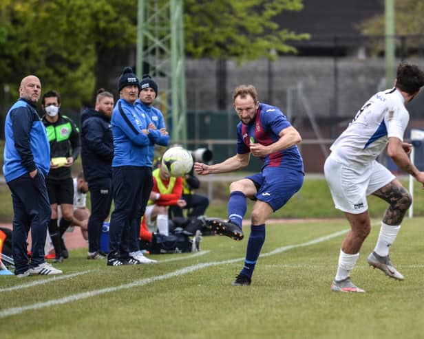 Andrew Todd in action for US Portsmouth during Saturday's FA Vase semi-final with Binfield. Picture: Daniel Haswell.